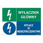 GŁÓWNY WYŁĄCZNIK - WYŁĄCZ W NIEBEZPIECZEŃSTWIE, ZNAK ŁĄCZONY, płyta PVC 2 mm z dziurkami, 297x210 mm