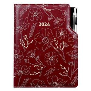 Kalendarz książkowy DESIGN dzienny A4 2024 - bordo - kwiaty