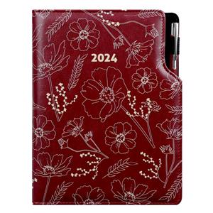Kalendarz książkowy DESIGN dzienny B6 2024 - bordo - kwiaty