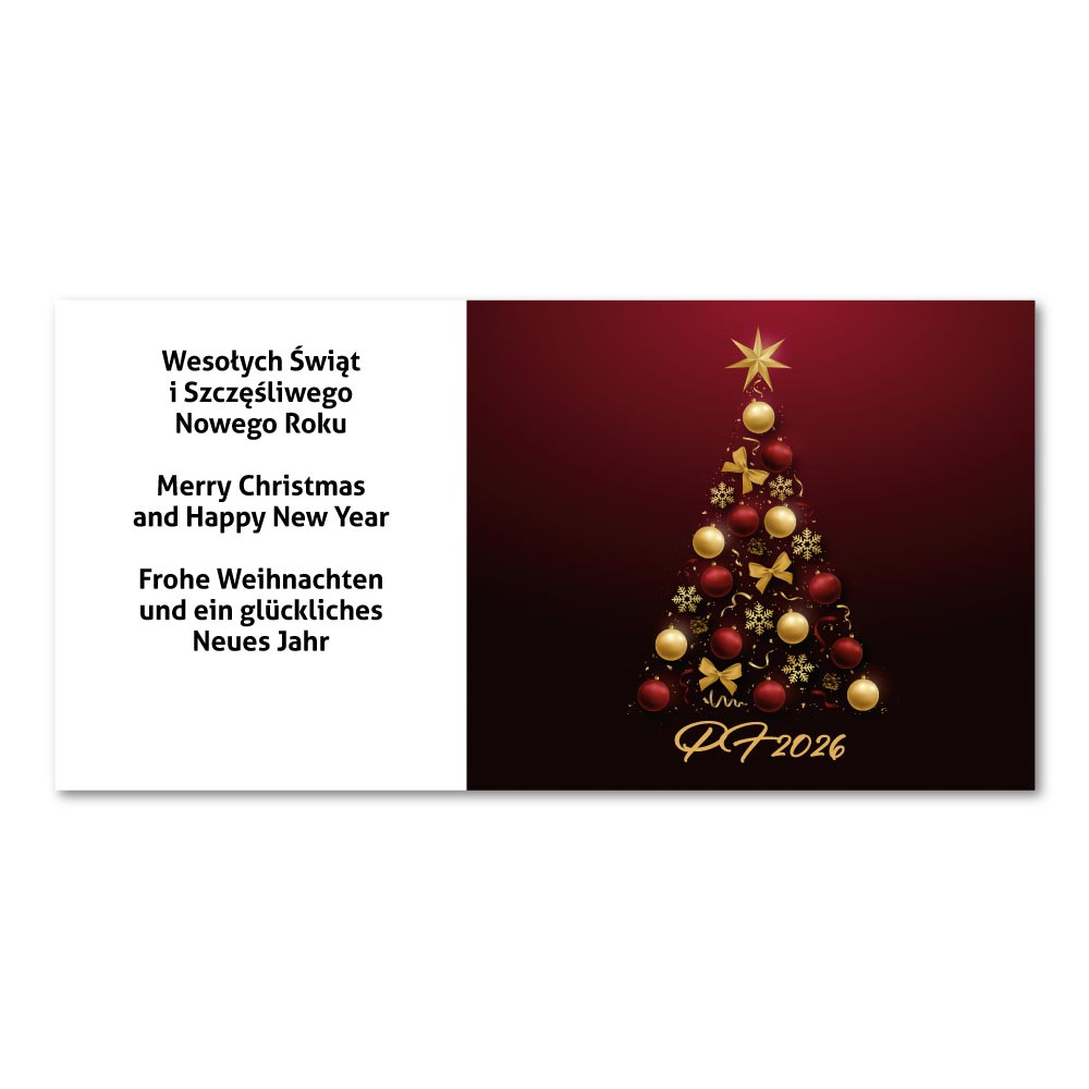 Kartka noworoczna PL 2024 czerwona choinka AAAkalendarze.pl