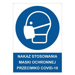 NAKAZ STOSOWANIA MASKI OCHRONNEJ PRZECIWKO COVID-19 - znak BHP z dziurkami, 2 mm płyta PVC A5