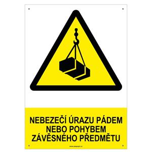 NEBEZPEČÍ ÚRAZU PÁDEM NEBO POHYBEM ZÁVĚŠNÉHO PŘEDMĚTU - bezpečnostní tabulka s dírkami, plast A4, 2 mm