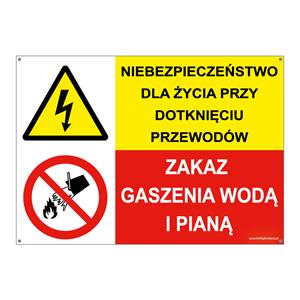 NIEBEZPIECZEŃSTWO DLA ŻYCIA PRZY... - ZAKAZ GASZENIA WODĄ I PIANĄ, ZNAK ŁĄCZONY, płyta PVC 2 mm z dziurkami, 210x148 mm