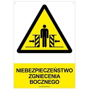 NIEBEZPIECZEŃSTWO ZGNIECENIA BOCZNEGO - znak BHP z dziurkami, płyta PVC A4, 2 mm