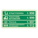 Numery alarmowe - fotoluminescencyjny znak, płyta PVC 1 mm 200x100 mm