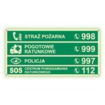 Numery alarmowe - fotoluminescencyjny znak z dziurkami, płyta PVC 2 mm 300x150 mm