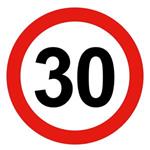 Ograniczenie prędkości pojazdu 30 km, znak BHP, 2 mm płyta PVC - okrąg 10 cm