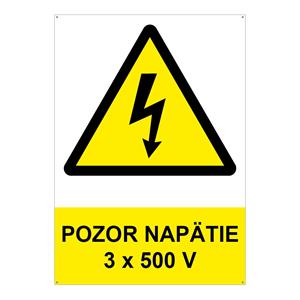 Pozor - napätie 3 x 500 V - bezpečnostná tabuľka s dierkami, plast 2 mm, A4