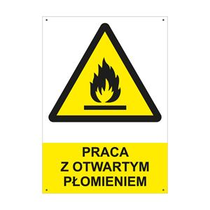 PRACA Z OTWARTYM PŁOMIENIEM - znak BHP z dziurkami, płyta PVC A4, 2 mm