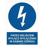 PRZED WEJŚCIEM WYŁĄCZ WYŁĄCZNIKI W KABINIE DŹWIGU - znak BHP, naklejka A4