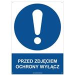 PRZED ZDJĘCIEM OCHRONY WYŁĄCZ - znak BHP z dziurkami, płyta PVC A4, 2 mm