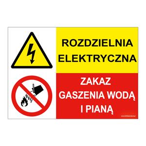 ROZDZIELNIA ELEKTRYCZNA - ZAKAZ GASZENIA WODĄ I PIANĄ, ZNAK ŁĄCZONY, naklejka 150x75 mm