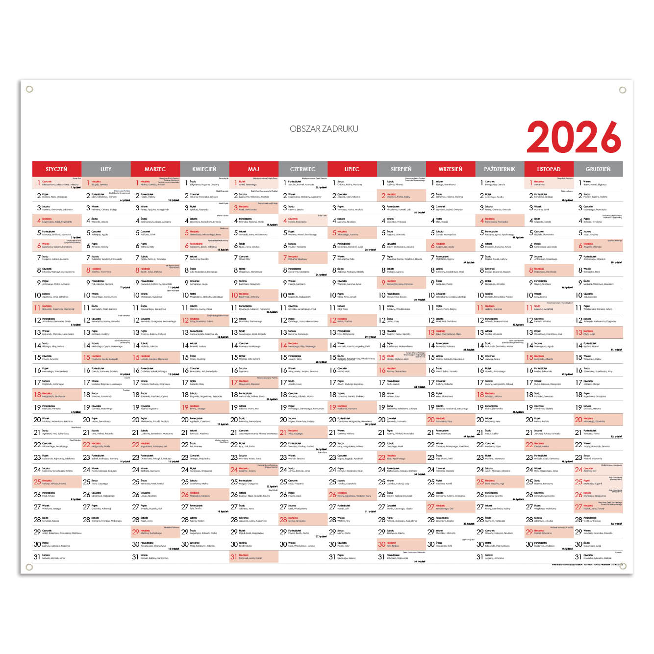 Ścienna mapa planer 2026 PL z oczkami na zawieszenie - 124 x 100 cm - czerwony