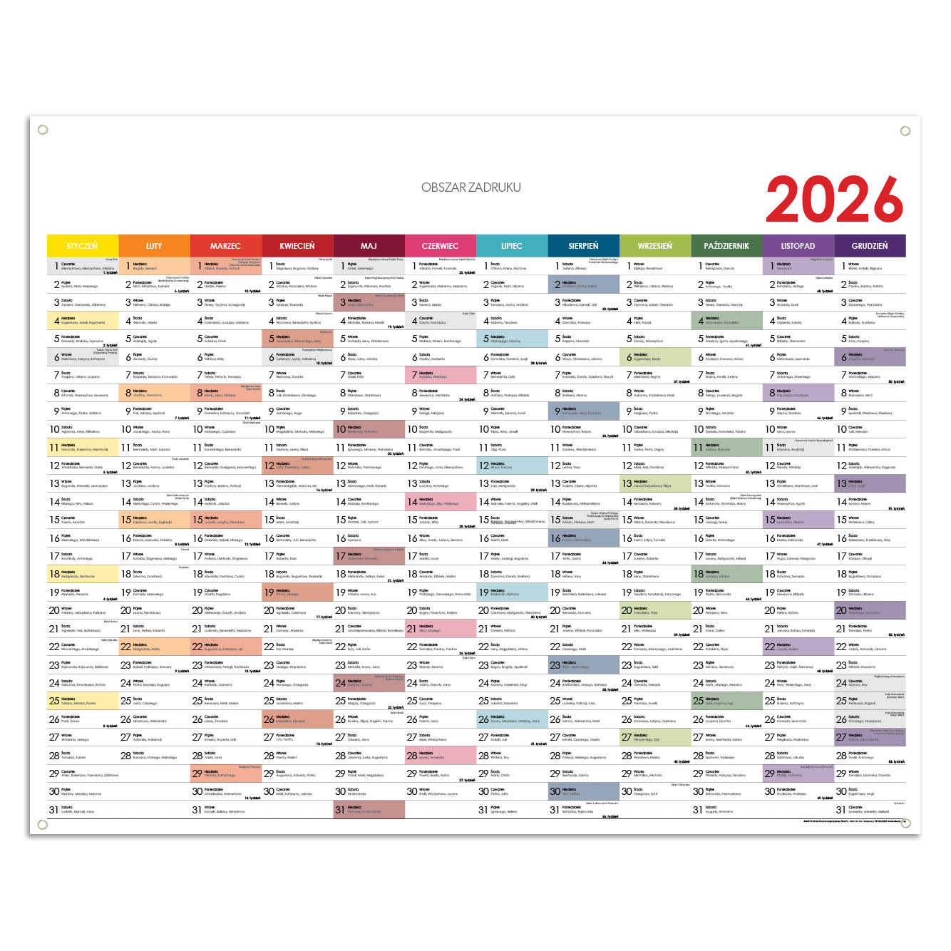 Ścienna mapa planer 2026 PL z oczkami na zawieszenie - 124 x 100 cm - kolorowy