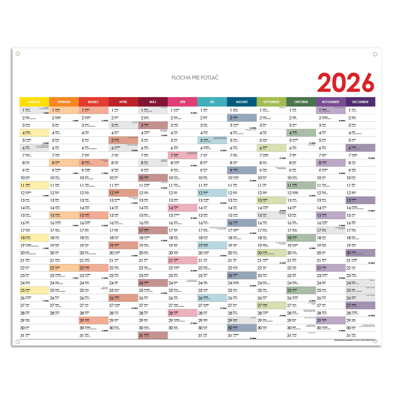Ścienna mapa planer 2026 SK z oczkami na zawieszenie - 124 x 100 cm - kolorowy