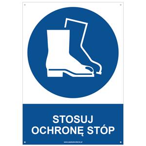 STOSUJ OCHRONĘ STÓP - znak BHP z dziurkami, płyta PVC A4, 2 mm