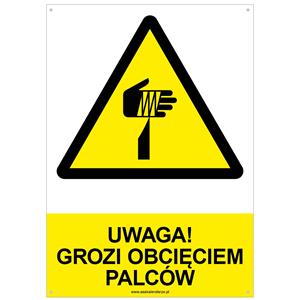 UWAGA! GROZI OBCIĘCIEM PALCÓW - znak BHP z dziurkami, płyta PVC A4, 2 mm