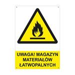 UWAGA! MAGAZYN MATERIAŁÓW ŁATWOPALNYCH - znak BHP z dziurkami, płyta PVC A4, 2 mm