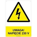 UWAGA! NAPIĘCIE 230 V - znak BHP z dziurkami, płyta PVC A4, 2 mm