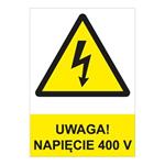 UWAGA! NAPIĘCIE 400 V - znak BHP, 2 mm płyta PVC A4