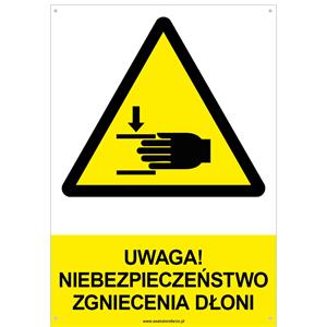 UWAGA! NIEBEZPIECZEŃSTWO ZGNIECENIA DŁONI - znak BHP z dziurkami, płyta PVC A4, 2 mm