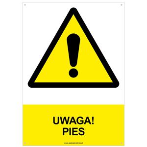 UWAGA! PIES - znak BHP z dziurkami, płyta PVC A4, 2 mm