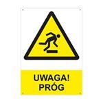 UWAGA! PRÓG - znak BHP z dziurkami, płyta PVC A4, 2 mm