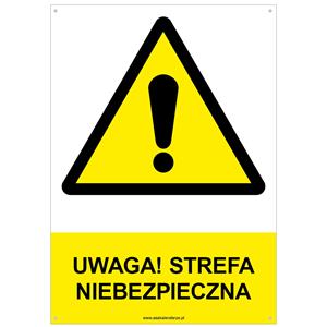 UWAGA! STREFA NIEBEZPIECZNA - znak BHP z dziurkami, płyta PVC A4, 2 mm