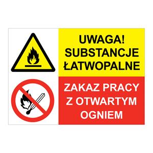 UWAGA! SUBSTANCJE ŁATWOPALNE - ZAKAZ PRACY Z OTWARTYM OGNIEM, ZNAK ŁĄCZONY, naklejka 210x148 mm