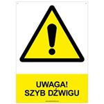 UWAGA! SZYB DŹWIGU - znak BHP z dziurkami, płyta PVC A4, 2 mm
