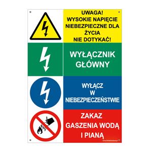 UWAGA! WYSOKIE NAP. - WYŁĄCZNIK GŁ. - WYŁĄCZ W NIEBEZ, - ZAKAZ GASZENIA, płyta PVC 2 mm z dziurkami, 148x210 mm