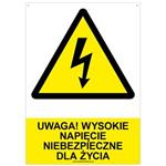 UWAGA! WYSOKIE NAPIĘCIE NIEBEZPIECZNE DLA ŻYCIA - znak BHP z dziurkami, płyta PVC A4, 2 mm