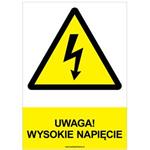 UWAGA! WYSOKIE NAPIĘCIE - znak BHP, naklejka A4