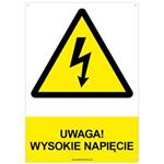 UWAGA! WYSOKIE NAPIĘCIE - znak BHP z dziurkami, płyta PVC A4, 2 mm