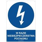 W RAZIE NIEBEZPIECZEŃSTWA POCIĄGNIJ - znak BHP z dziurkami, płyta PVC A4, 2 mm