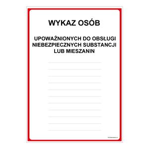 WYKAZ OSÓB UPOWAŻNIONYCH DO OBSŁUGI...LUB MIESZANIN NA MAGAZYNIE, płyta PVC 2 mm, 210x297 mm