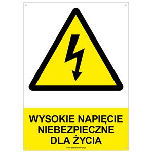 WYSOKIE NAPIĘCIE NIEBEZPIECZNE DLA ŻYCIA - znak BHP z dziurkami, płyta PVC A4, 2 mm