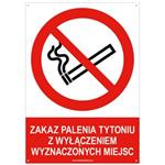 ZAKAZ PALENIA TYTONIU Z WYŁĄCZENIEM WYZNACZONYCH MIEJSC - znak BHP z dziurkami, płyta PVC A4, 2 mm