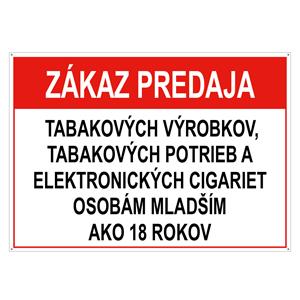 Zákaz predaja tab.výr, potrieb a el. cigariet os. ml. 18 - bezpečnostná tabuľka, pl. dierkami 2 mm, 75x150 mm